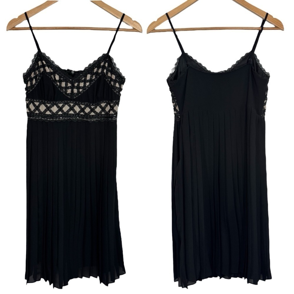Le Chateau Black Pleated Midi Dress Sz S Beaded Lace Bodice Cocktail Party EUC